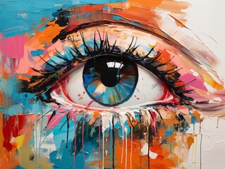 an oil painting of a colorful eye, vibrant palette knife, large canvas format, dreamlike realism
