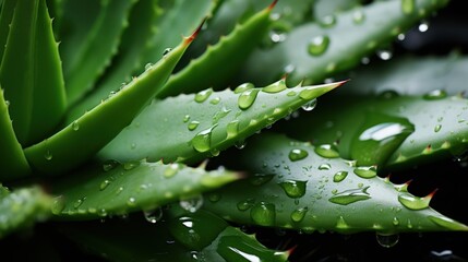 Close-up of fresh green aloe vera leaves with water drops. Dark background. Generative AI