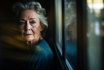 an older woman leaning by a window, dark teal and dark gray, mirror rooms, political - obrazy, fototapety, plakaty