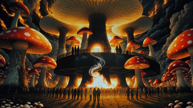 Ai generated. Life Amidst Giant Amanita Mushroom Cities