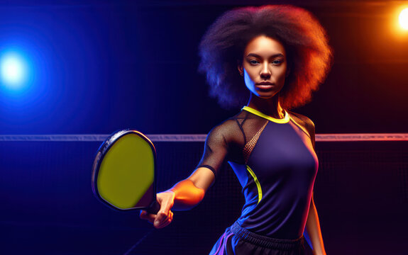 African American Woman Playing Paddle Tennis Or Pickleball Indoors Making Eye Contact With Camera