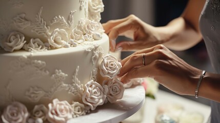 a bride and groom cutting their wedding cake - obrazy, fototapety, plakaty