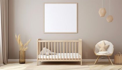 Nursery child's room light brown,nude color,creme interior Mockup wall in the children's room on wall.3D Rendering Bright stylish design cute and cozy