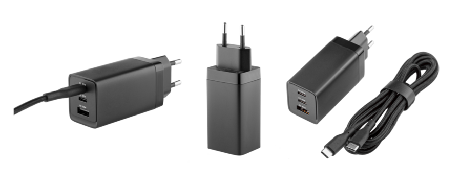 AC charger with USB and Type-C connector on isolated and white background, close-up