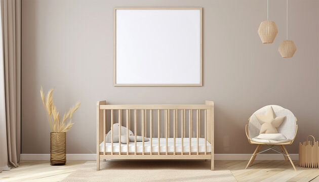 Nursery child's room light brown,nude color,creme interior Mockup wall in the children's room on wall.3D Rendering Bright stylish design cute and cozy