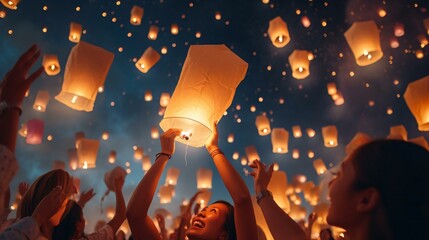 a group of people holding up paper lanterns