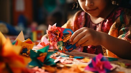 a girl is sitting at a table with a bunch of colorful paper