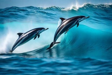 Obraz na płótnie Canvas dolphins swimming in crystal-clear, blue waves
