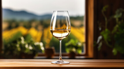 Obraz premium Elegant glass of white wine on blurres background with wine grapes in winery. Young wine. Generative AI