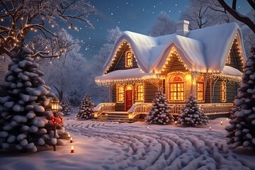 Close-up House decorated with glowing lights for winter holidays. Christmas illumination. Night scene with fresh snow.