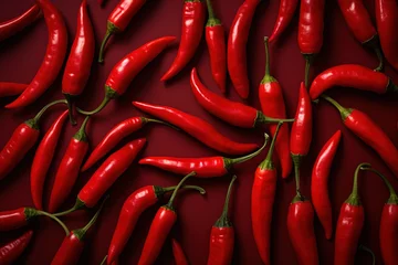 Outdoor kussens red hot chili peppers on a dark red background top view © Маргарита Вайс