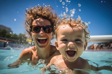 mother teaching baby to swim in the pool on sunny day