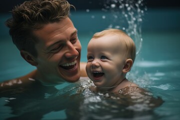 young smiling man swimming coach teaching baby to swim in the pool - obrazy, fototapety, plakaty