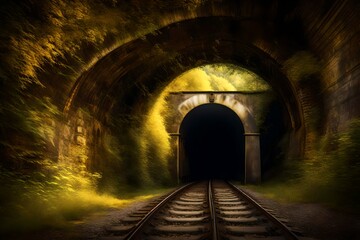 artistic view, Old railway tunnel , yellow blurr light is present in background, 8k. 