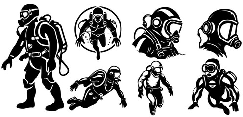 vector silhouettes of divers to use as resources, logos, icons, tattoos, shields and more