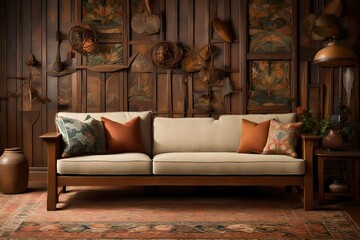 Create an image of a Craftsman sofa that reflects its Arts and Crafts heritage in every detail. 