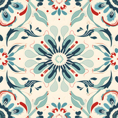 Seamless pattern with chinese blue floral ornament on beige background. - obrazy, fototapety, plakaty