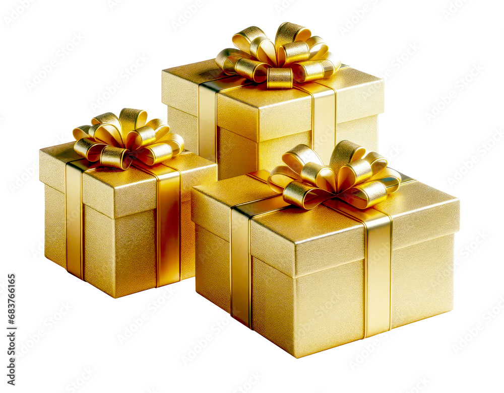 Poster luxurious golden gift boxes with elegant bows on a transparent background, perfect for festive occas