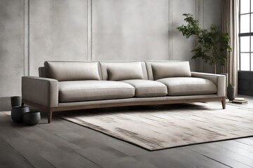 Design a contemporary sofa scene with sleek lines and modern aesthetics, bathed in soft, diffused light. 