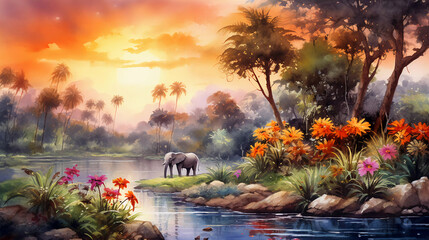 Watercolor painting style, high quality, landscape on an African tropical jungle with trees next to a river with giraffes, elephants and birds, in coordinating colors © Johannes