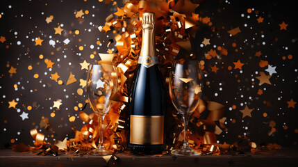 Celebration With Golden Champagne Bottle Confetti Stars and Party Streamers Blurry Background