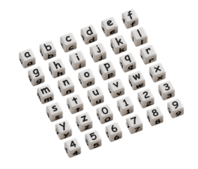 White dice with alphabet and numbers