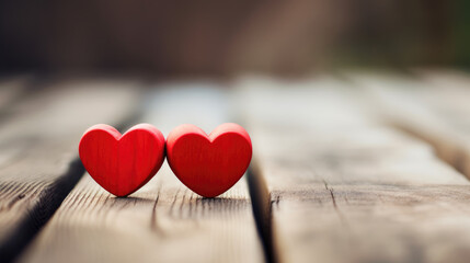 Red hearts on a wooden table. Close-up, blurred background. Valentines day concepts.