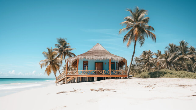 Tropical beachfront hut with thatched roof surrounded by palm trees on a sunny day. Generative AI
