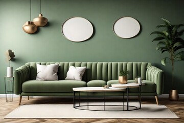 artistic view of Home interior mock-up with green sofa, table and decor in living room , white carton , hd  