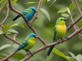 Beautiful green and blue parrots on a branch in nature.