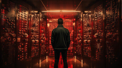 Man in black jacket standing in front of a wall of illuminated control panels and switches in a dimly lit server room. Generative AI - obrazy, fototapety, plakaty