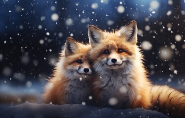 Obraz na płótnie Canvas cute foxes in snow, realistic and hyper-detailed renderings, shiny eyes, highly realistic