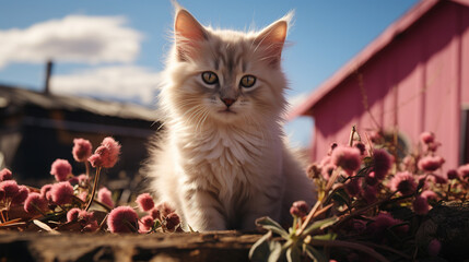Cute Cat Laying On The Ground in a Pink Barn On A Farm  Blurry Background