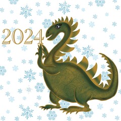 Fototapeta premium new year dragon dragon with a gift dinosaur, huge lizard, reptile, reptilian, scaly skin, old skin, reptile with a tail, holiday, new year, Chinese new year Christmas tree 