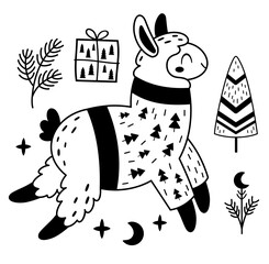 Black and white Christmas llama clipart in cartoon flat style. Cute winter alpaca clip art. Vector illustration.