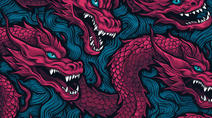 Illustration avec dragons rose et motifs vague bleu. Asie, nouvel an. Pour conception et création graphique - obrazy, fototapety, plakaty