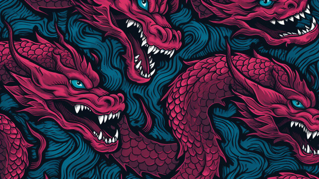 Illustration avec dragons rose et motifs vague bleu. Asie, nouvel an. Pour conception et cr&eacute;ation graphique