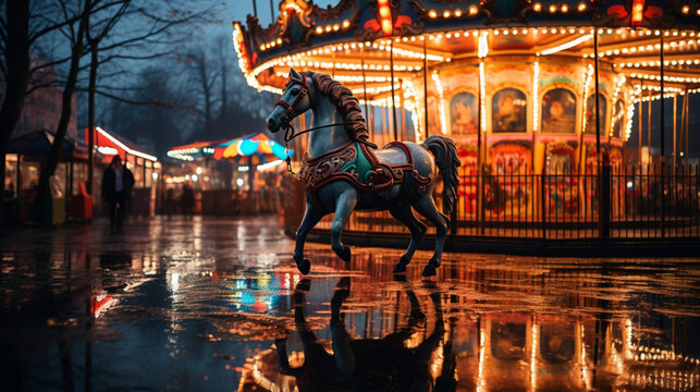 Joli cheval de manège posé devant un carousel éclairé. Tombée de la nuit. Ville, jeu, enfant, lumières. Pour conception et création graphique