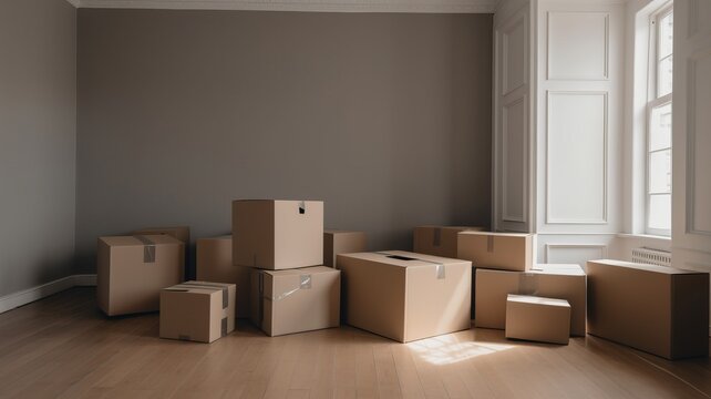Empty room filled with numerous cardboard boxes, symbolizing moving and purchasing a new home. A visual representation of relocation, change, and the anticipation of a fresh start.