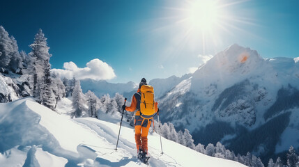 Fototapeta na wymiar Mountaineer backcountry ski walking ski alpinist in the mountains. Ski touring in alpine landscape with snowy trees. Adventure winter sport.