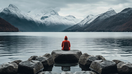 Solitary figure in a red hoodie meditating on a boulder by a tranquil mountain lake. Generative AI - obrazy, fototapety, plakaty