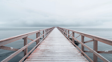 Fototapeta na wymiar Snow-dusted wooden pier stretching into tranquil sea under overcast sky. Generative AI