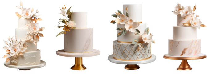 Set/collection of multi-tiered wedding cakes with flowers. Classic, modern, wedding cake with gold elements. Isolated on a transparent background.