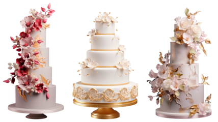 Set/collection of multi-tiered wedding cakes with flowers. Classic, modern, wedding cake. Isolated on a transparent background.