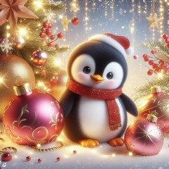 Obraz premium Illustration of a 3D penguin, Christmas decorations in the snow, cute animation style, sparkling snow and sparkling stars 4