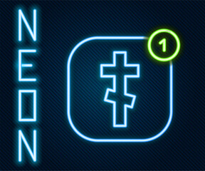Obraz premium Glowing neon line Online church pastor preaching video streaming icon isolated on black background. Online church of Jesus Christ. Colorful outline concept. Vector