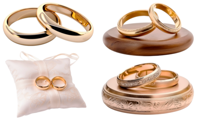 Set/collection of wedding rings. Wedding gold rings lie on the pillow. Wedding rings lie on a wooden stand. Isolated on a transparent background.