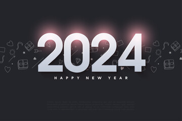 2024 new year celebration with purple glow effect over numbers. design premium vector.