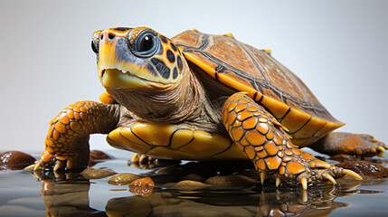 Naklejka premium Close Up of A Sea Huge Turtle On The Sandy Beach Blurry Seascape Background