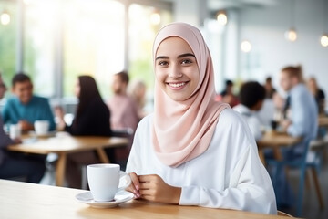 Muslim woman in a headscarf gently and hopefully looks and smiles in her hand a cup of tea
